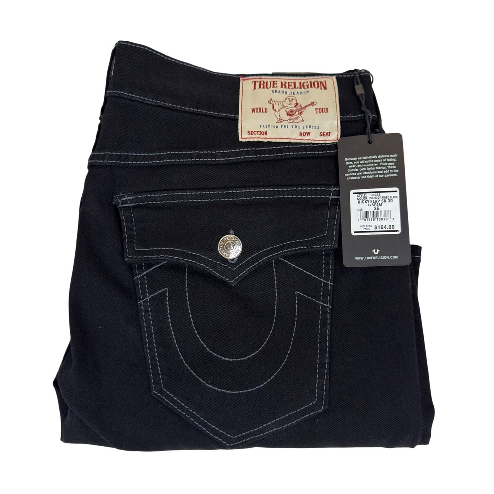True Religion Ricky Flap Relaxed Straight Jeans Black Fit 38x30 108288 New